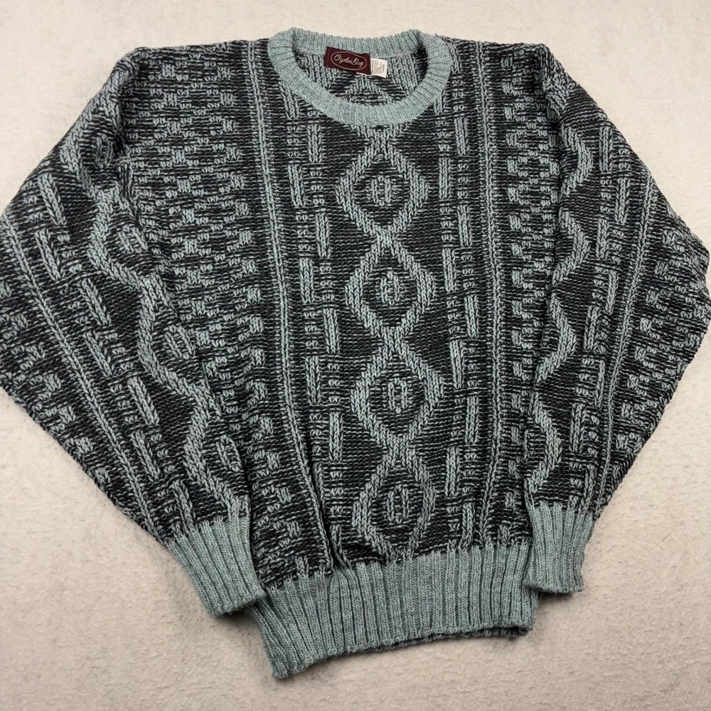 VTG Knit Sweater Mens Large Geometric Blue Grey Made in USA Oyster Bay 90s